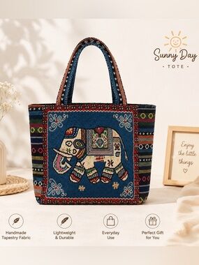 Thai Elephant Woven Tote Bag Handmade Blue Tapestry Purse Cute Everyday Gift